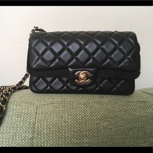 Auth Chanel mini flap black lambskin ghw